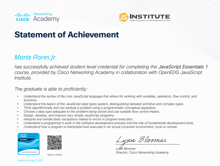 CISCO JavaScript Essentials certificate